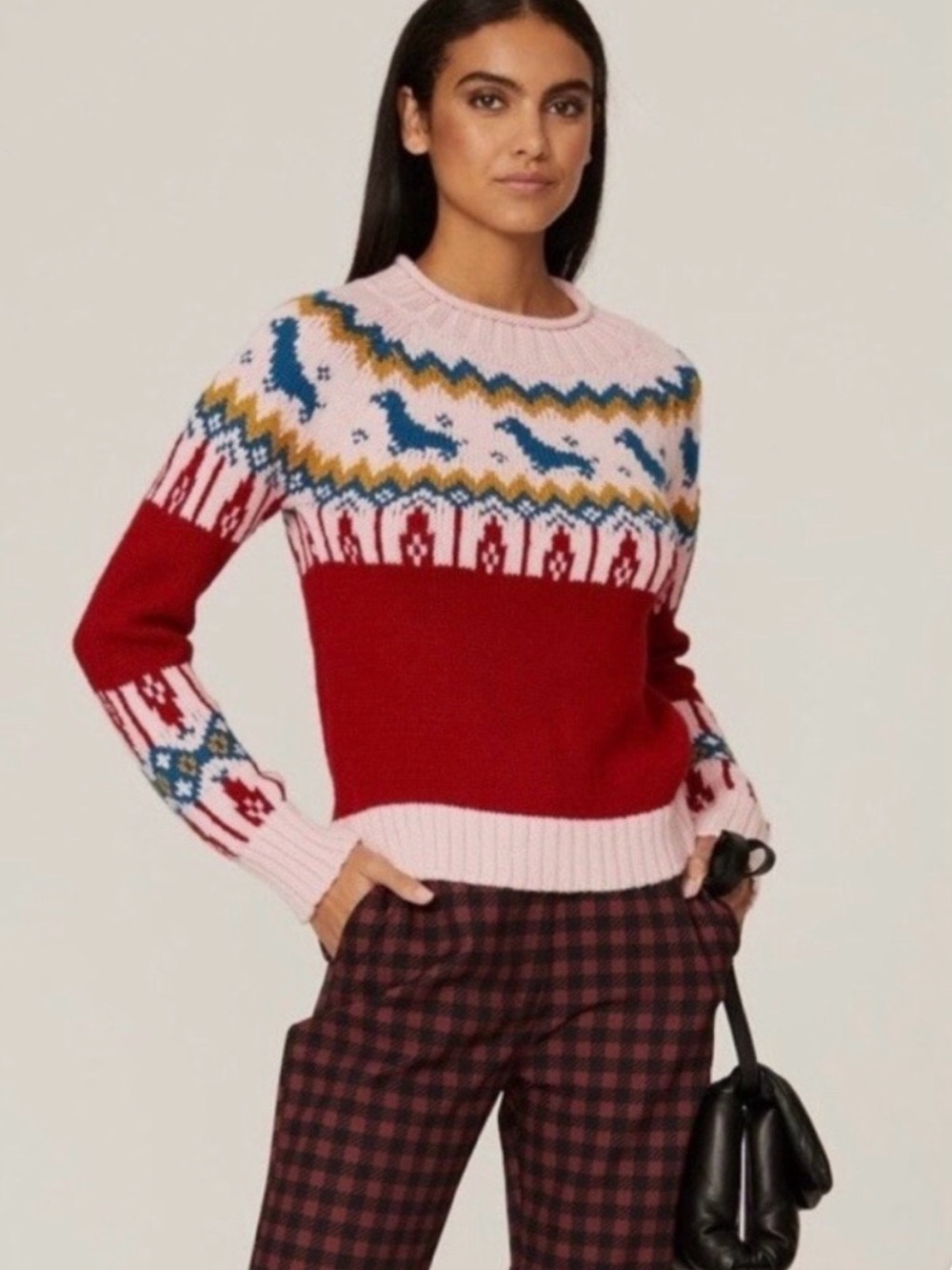 Rachel Antonoff Red Fair Isle Dachshund Crewneck Sweater Size Small